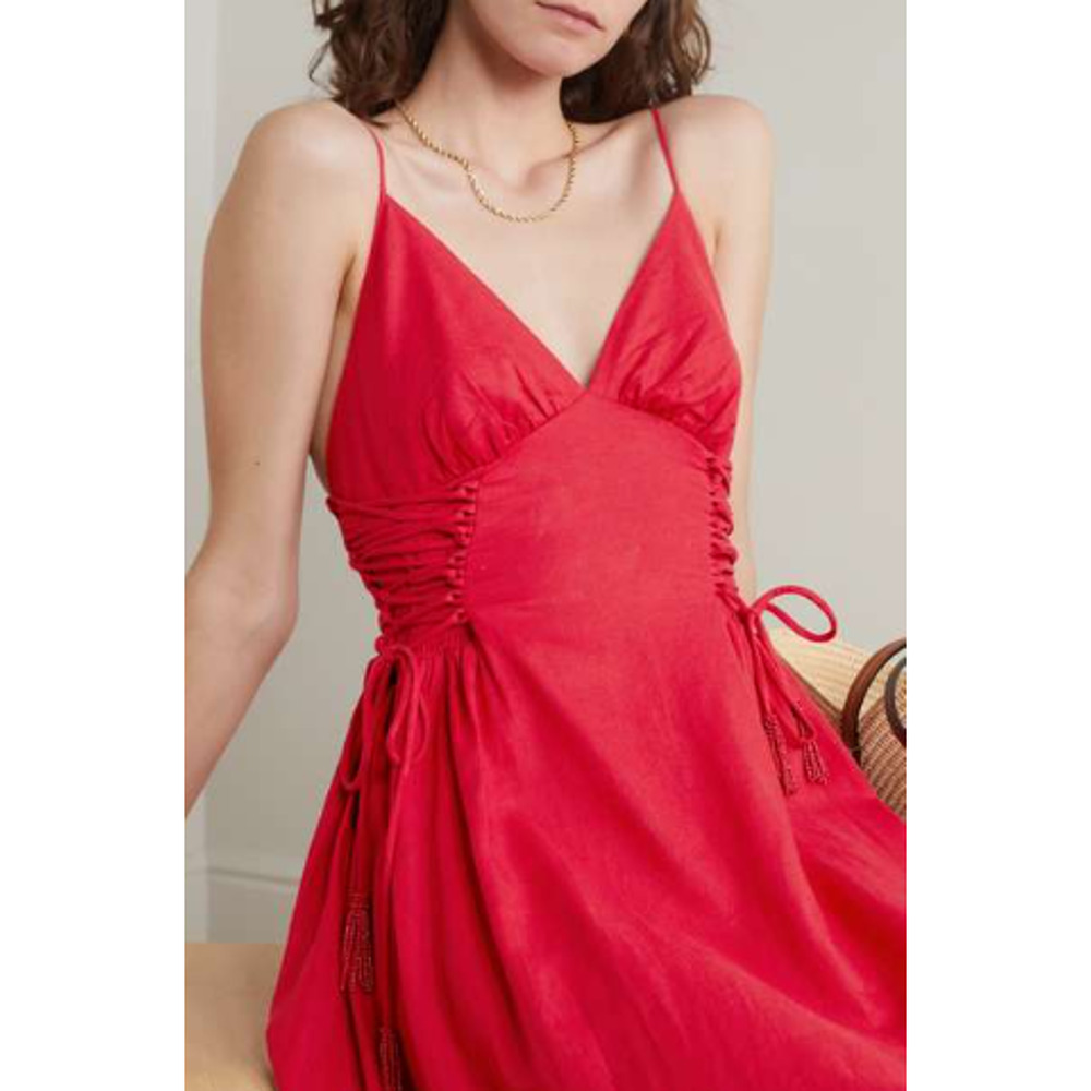 Farm Rio Linen-Blend Lace Up Midi Dress Fit & Flare Corset Glam Red Size Small - Picture 4 of 12